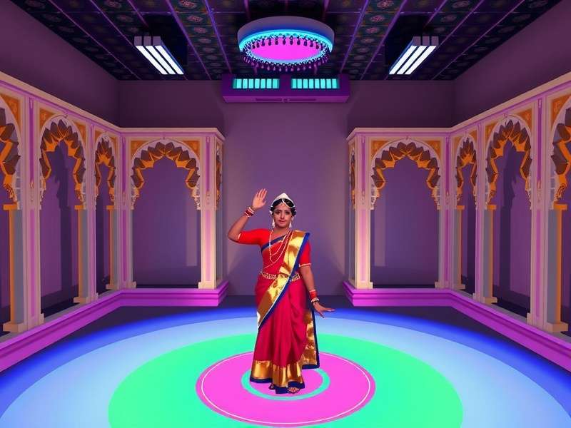 Dance Legend VR gameplay screenshot showing player performing Bharatanatyam in virtual environment